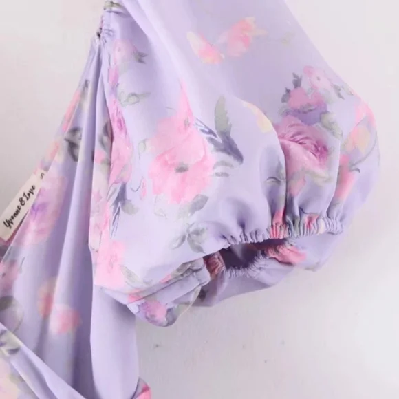 Lilac Floral Puff Sleeve High Waist Surplice Maxi Dress with Bow - Picture 9 of 16